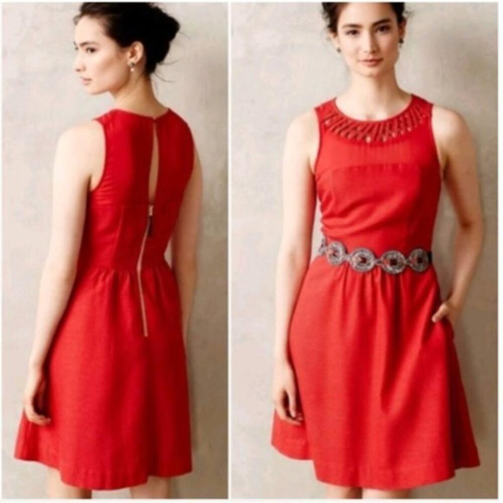 Anthropologie Maeve red dress lattice flare size 0